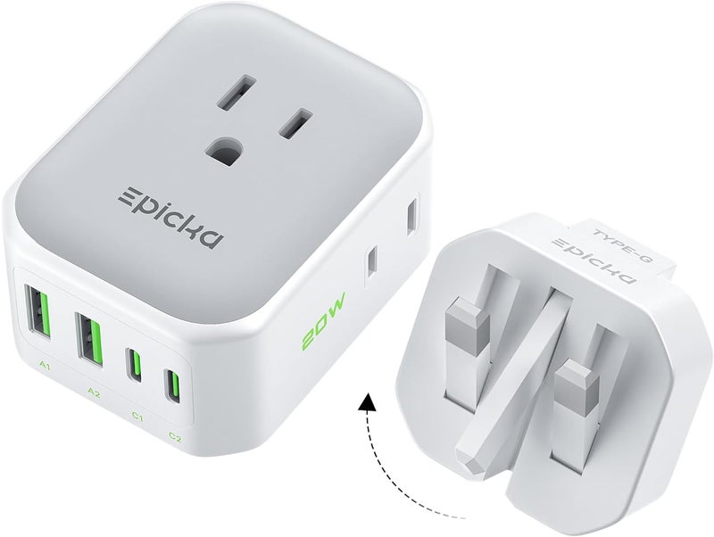 EPICKA Hybrid International Power Adapter for US to England, Foldable & Detachable Type G (UK) VisaPlug, 8-in-1 Travel Plug Adapter with 4 USB Ports (2 USB-C PD 20W), Travel Dormestic Essentials - Image 1